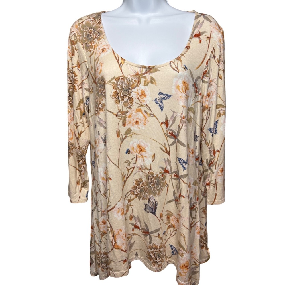 ROSE + OLIVE Womens Beige Floral Butterfly Tunic Top L Cottagecore Boho Flowy